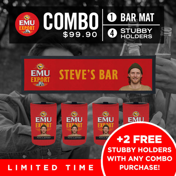 Emu Export Bar Mat plus 4 x Coolers (Picture &/or Text) Combo