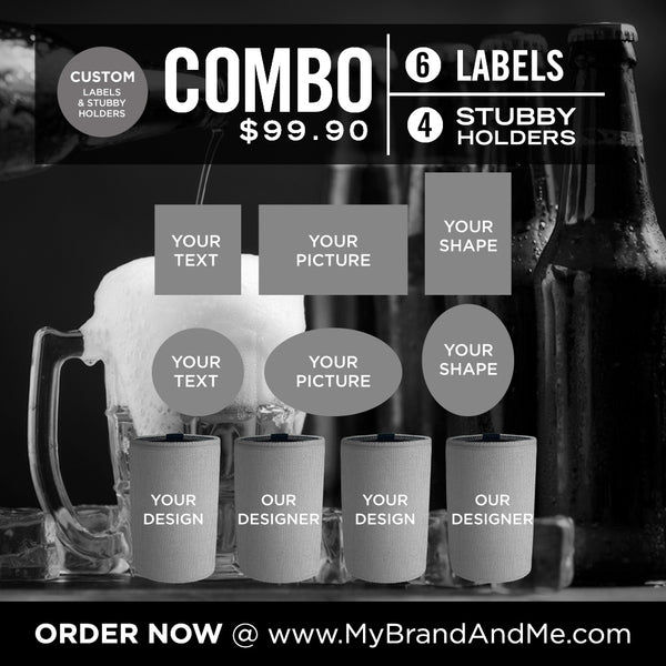 Custom 6 x 375ml Labels Plus 4 x Stubby Holders Combo