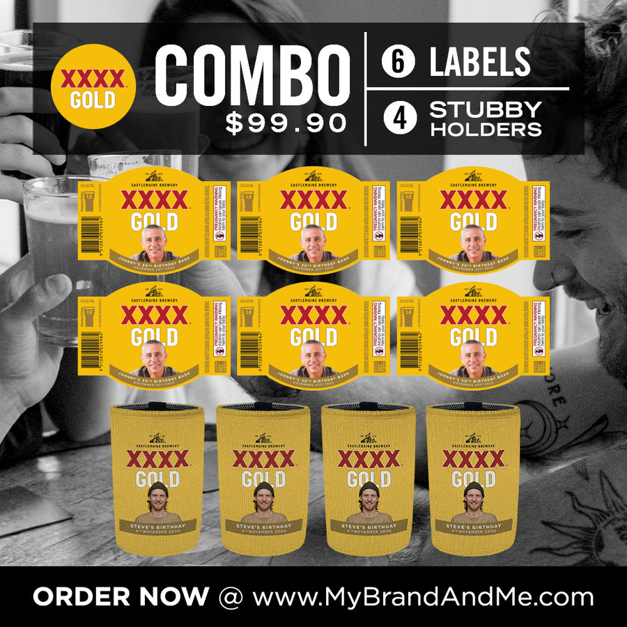 XXXX GOLD 6 x 375ml Labels Plus 4 x Stubby Holders Combo