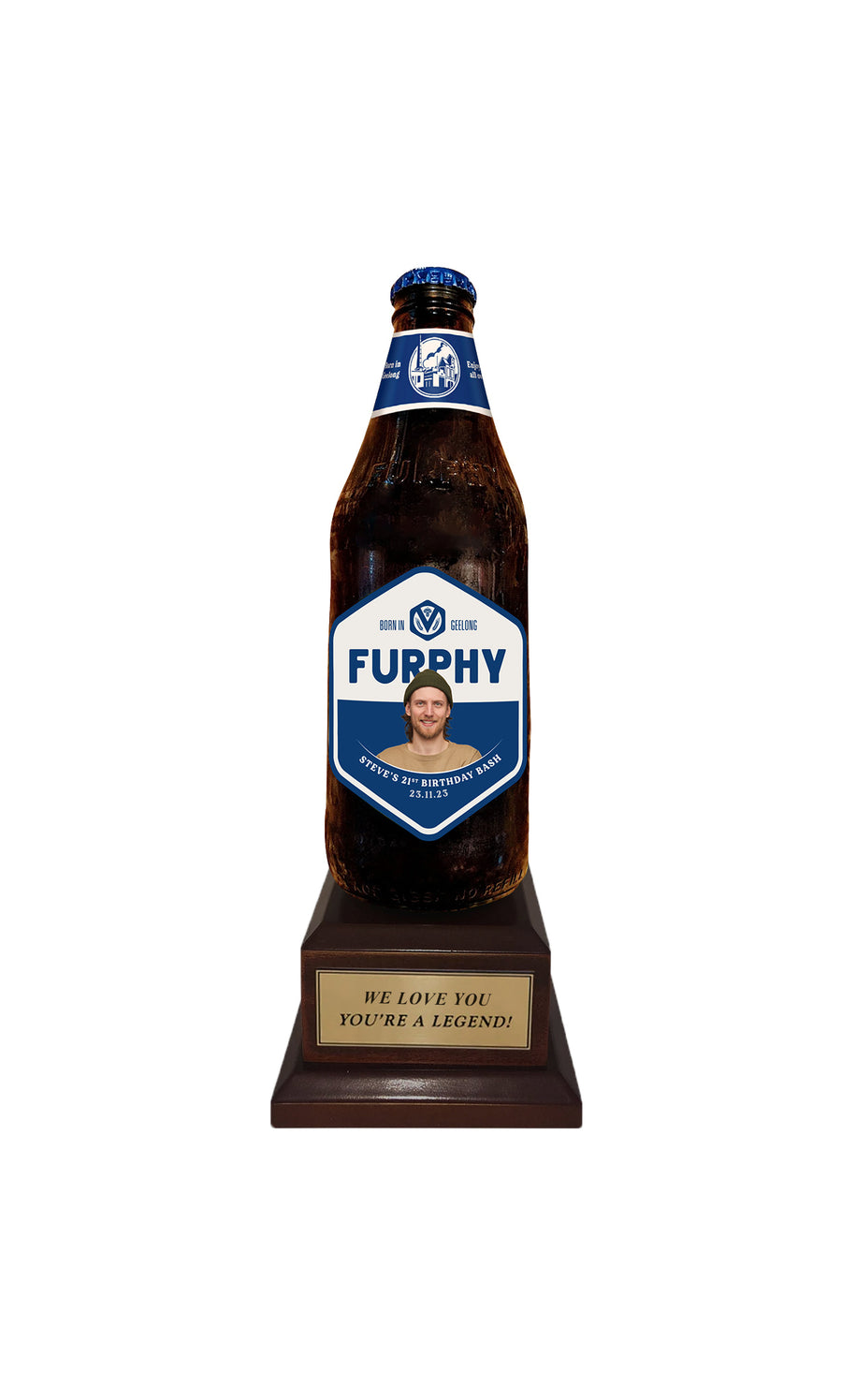 Furphy Original Bottle on Pedestal with PERSONALISED LABEL & PLAQUE (beer not included)