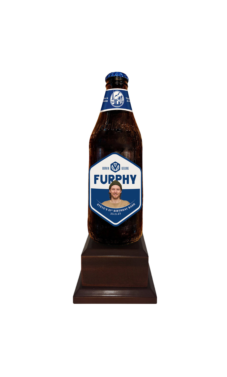 Furphy Original Bottle on Pedestal with PERSONALISED LABEL (beer not included)