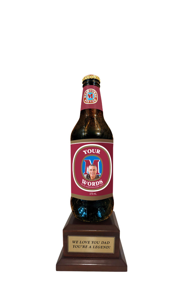 MELBOURNE BITTER Bottle on Pedestal with PERSONALISED LABEL & PLAQUE (beer not included)