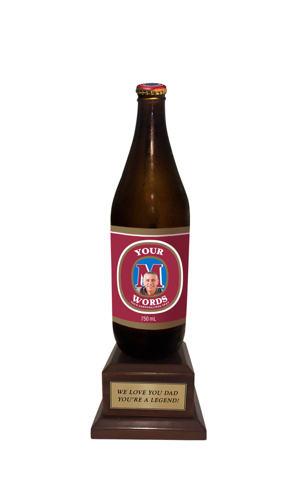 MELBOURNE BITTER Long Neck Bottle on Pedestal with PERSONALISED LABEL & PLAQUE (beer not included)