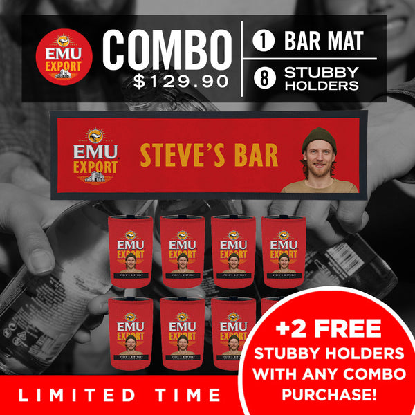 Emu Export Bar Mat plus 8 x Coolers (Picture &/or Text) Combo