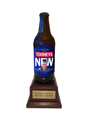 TOOHEYS NEW Bottle on Pedestal with PERSONALISED LABEL & PLAQUE (beer not included)