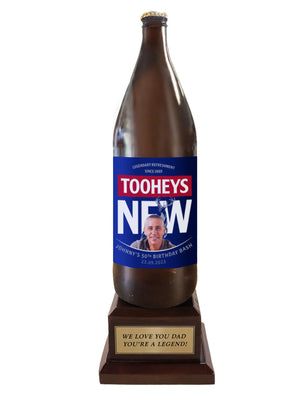 Tooheys New Long Neck Bottle on Pedestal with PERSONALISED LABEL & PLAQUE (beer not included)