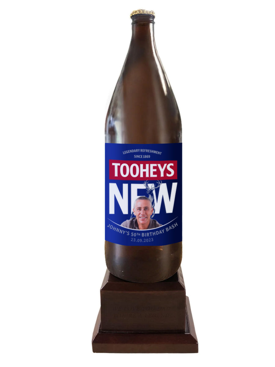 Tooheys New Long Neck Bottle on Pedestal with PERSONALISED LABEL (beer not included)