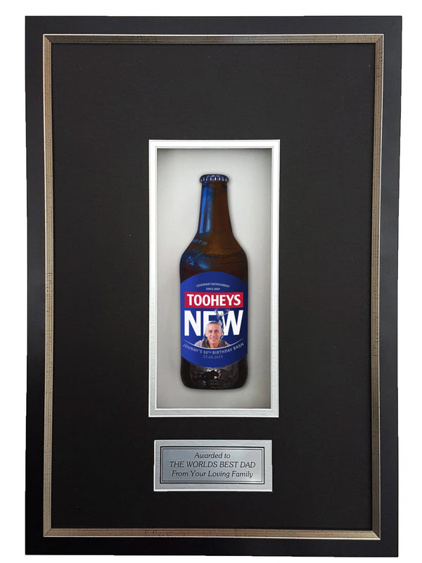 TOOHEYS NEW Deluxe Framed Beer bottle with Engraving (50cm x 34cm) (beer not included)