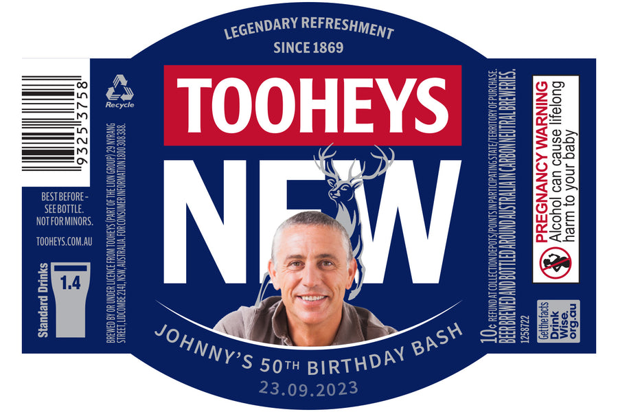 TOOHEYS NEW 6 x 375ml Stubby labels with PICTURE AND/OR TEXT (beer not included)