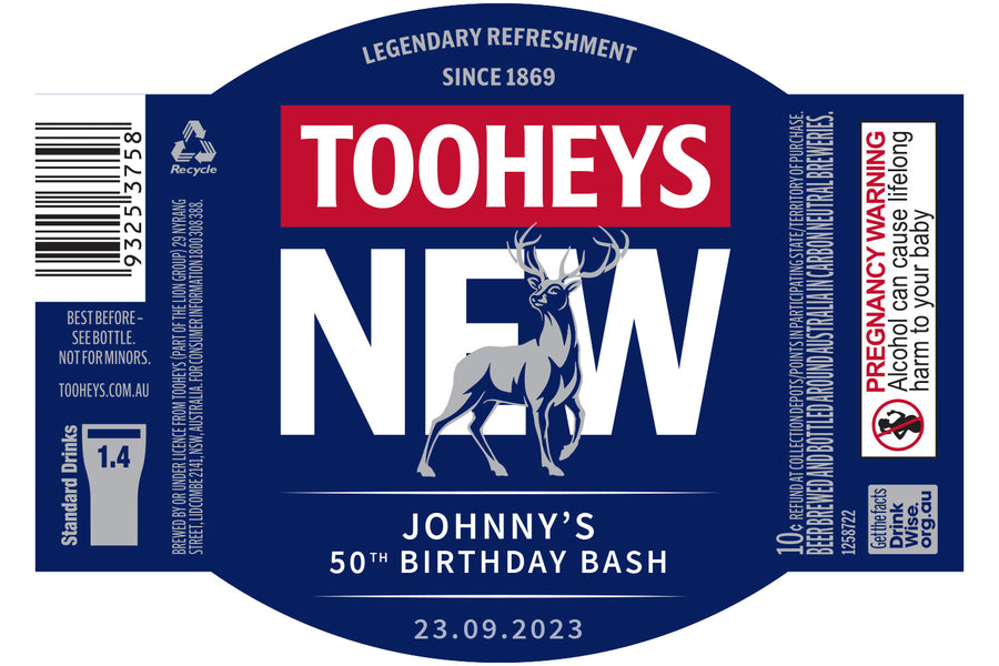 TOOHEYS NEW 6 x 375ml Stubby labels with PICTURE AND/OR TEXT (beer not included)