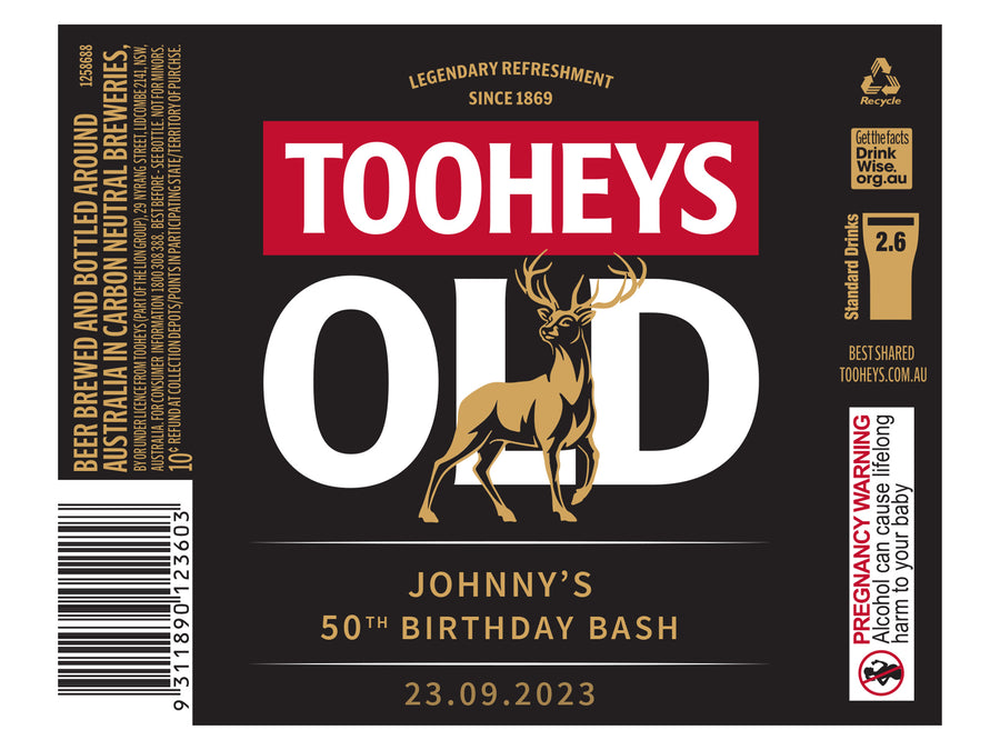 TOOHEYS OLD 6 x 750ml Longneck labels with PICTURE AND/OR TEXT (beer not included)
