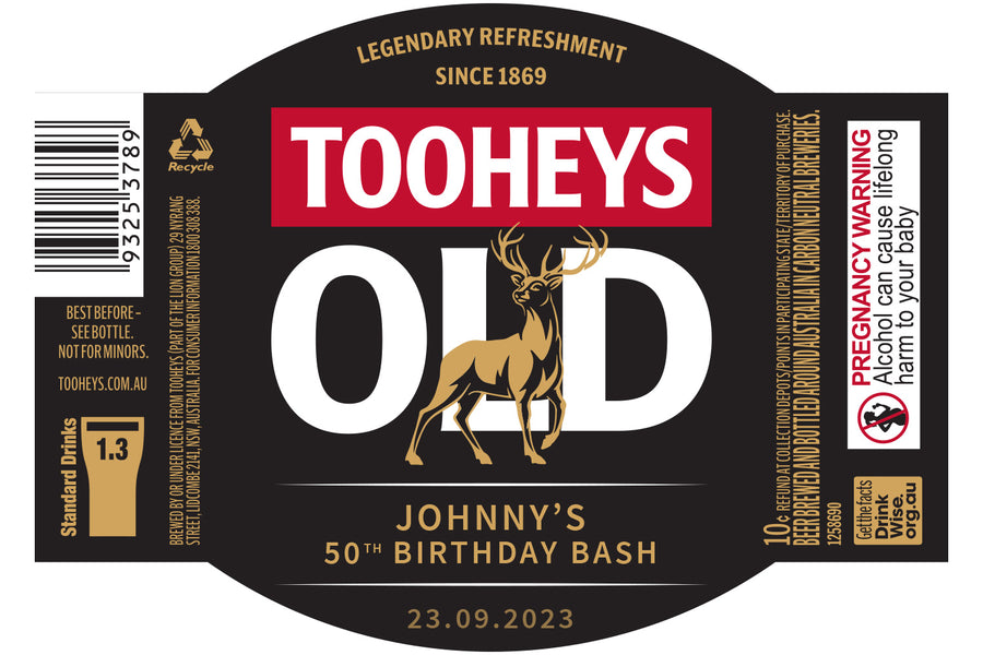 TOOHEYS OLD 6 x 375ml Stubby labels with PICTURE AND/OR TEXT (beer not included)