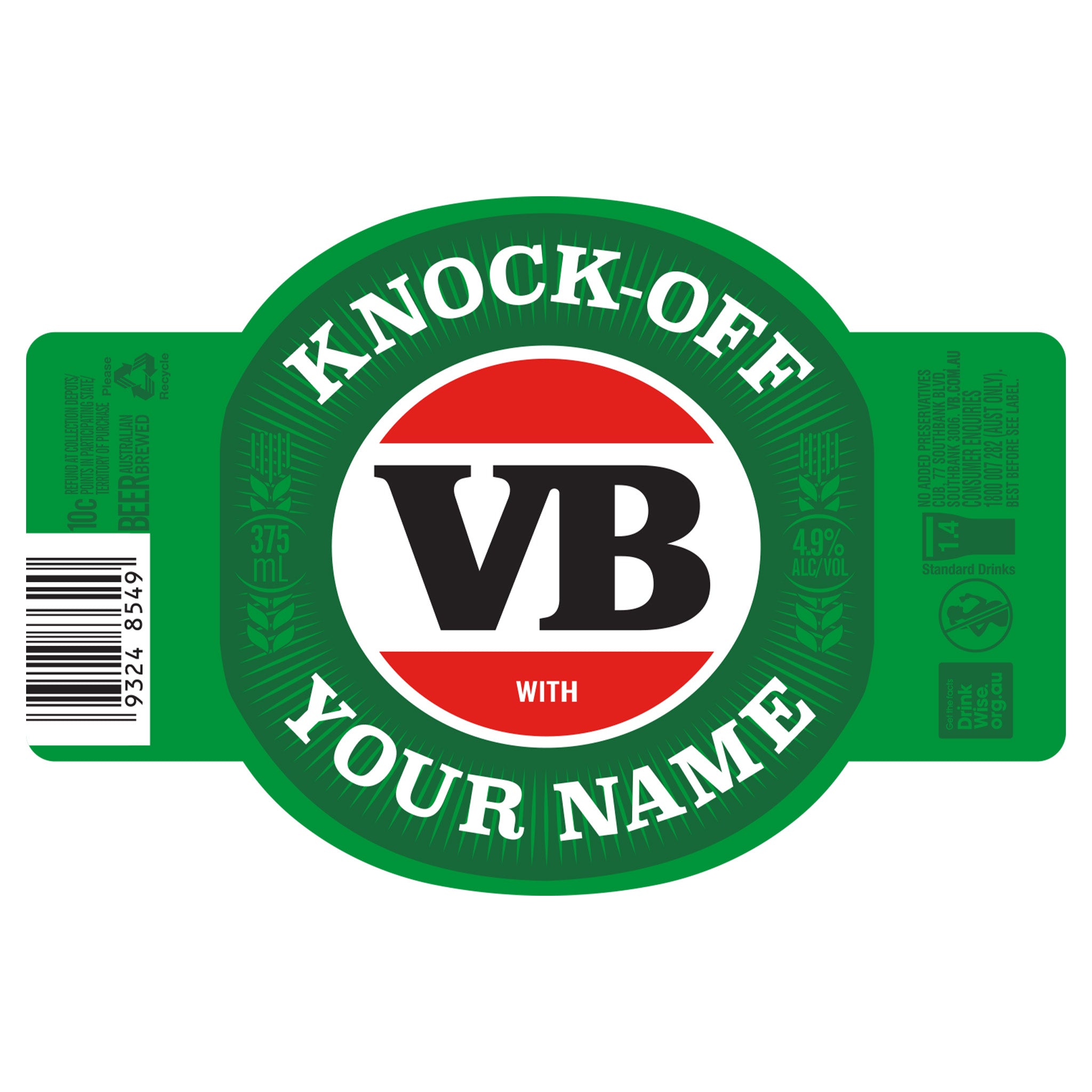 Limited Edition VB Knock-Off Nicknames 24 x 375ml Stubby labels with P – My  Brand And Me