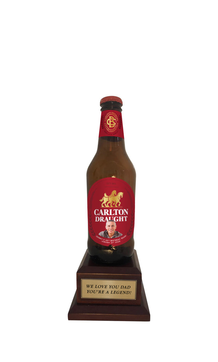 CARLTON DRAUGHT Bottle on Pedestal with PERSONALISED LABEL & PLAQUE (beer not included)