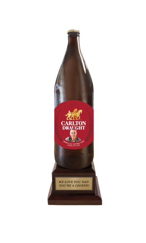 CARLTON DRAUGHT Long Neck Bottle on Pedestal with PERSONALISED LABEL & PLAQUE (beer not included)