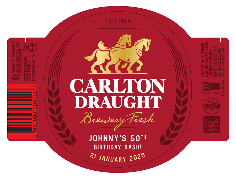 CARLTON DRAUGHT 6 x 750ml Longneck labels with PICTURE AND/OR TEXT (beer not included)