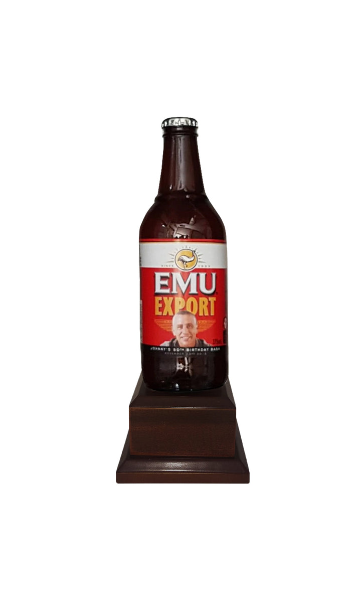 EMU EXPORT Bottle on Pedestal with PERSONALISED LABEL (beer not included)