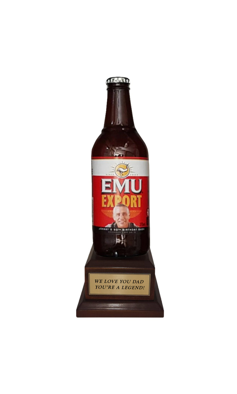 EMU EXPORT Bottle on Pedestal with PERSONALISED LABEL & PLAQUE (beer not included)