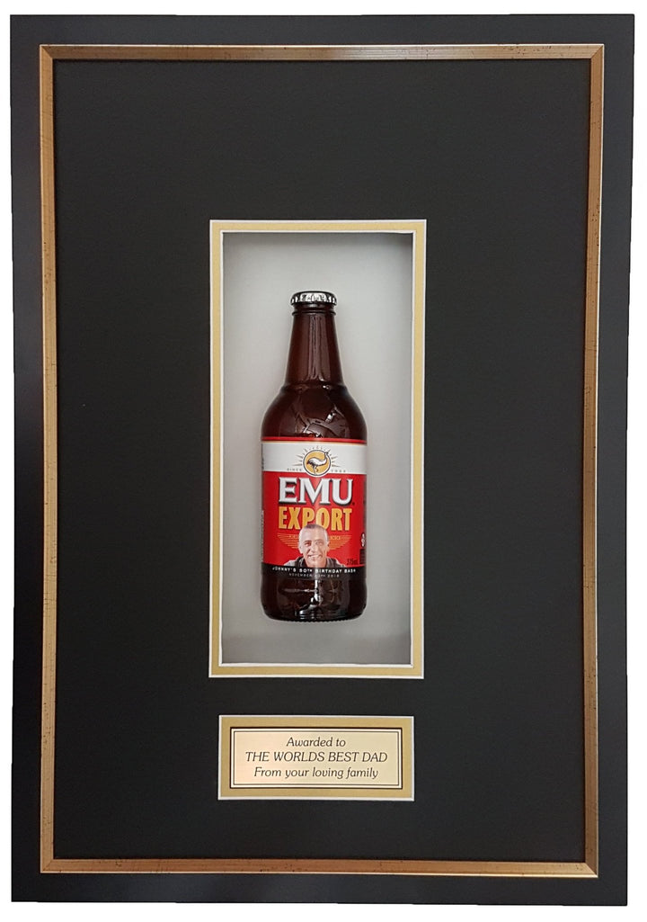 EMU EXPORT Deluxe Framed Beer bottle with Engraving (50cm x 34cm)-My Brand And Me