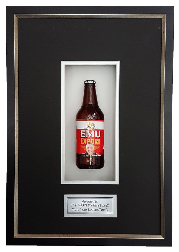 EMU EXPORT Deluxe Framed Beer bottle with Engraving (50cm x 34cm)-My Brand And Me