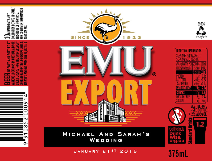 EMU EXPORT 24 x 375ml Stubby labels with PICTURE AND/OR TEXT (beer not included)