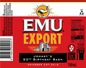 EMU EXPORT 6 x 750ml Longneck labels with PICTURE AND/OR TEXT (beer not included)
