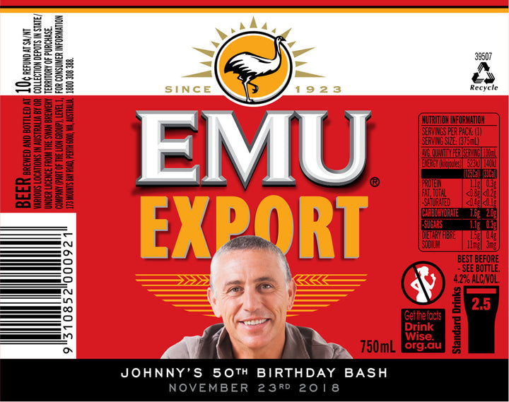 EMU EXPORT 6 x 750ml Longneck labels with PICTURE AND/OR TEXT (beer not included)