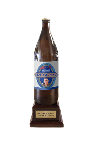 RESCHS Long Neck Bottle on Pedestal with PERSONALISED LABEL & PLAQUE (BEER NOT INCLUDED)