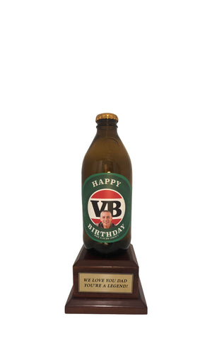 VICTORIA BITTER Bottle on Pedestal with PERSONALISED LABEL & PLAQUE (beer not included)