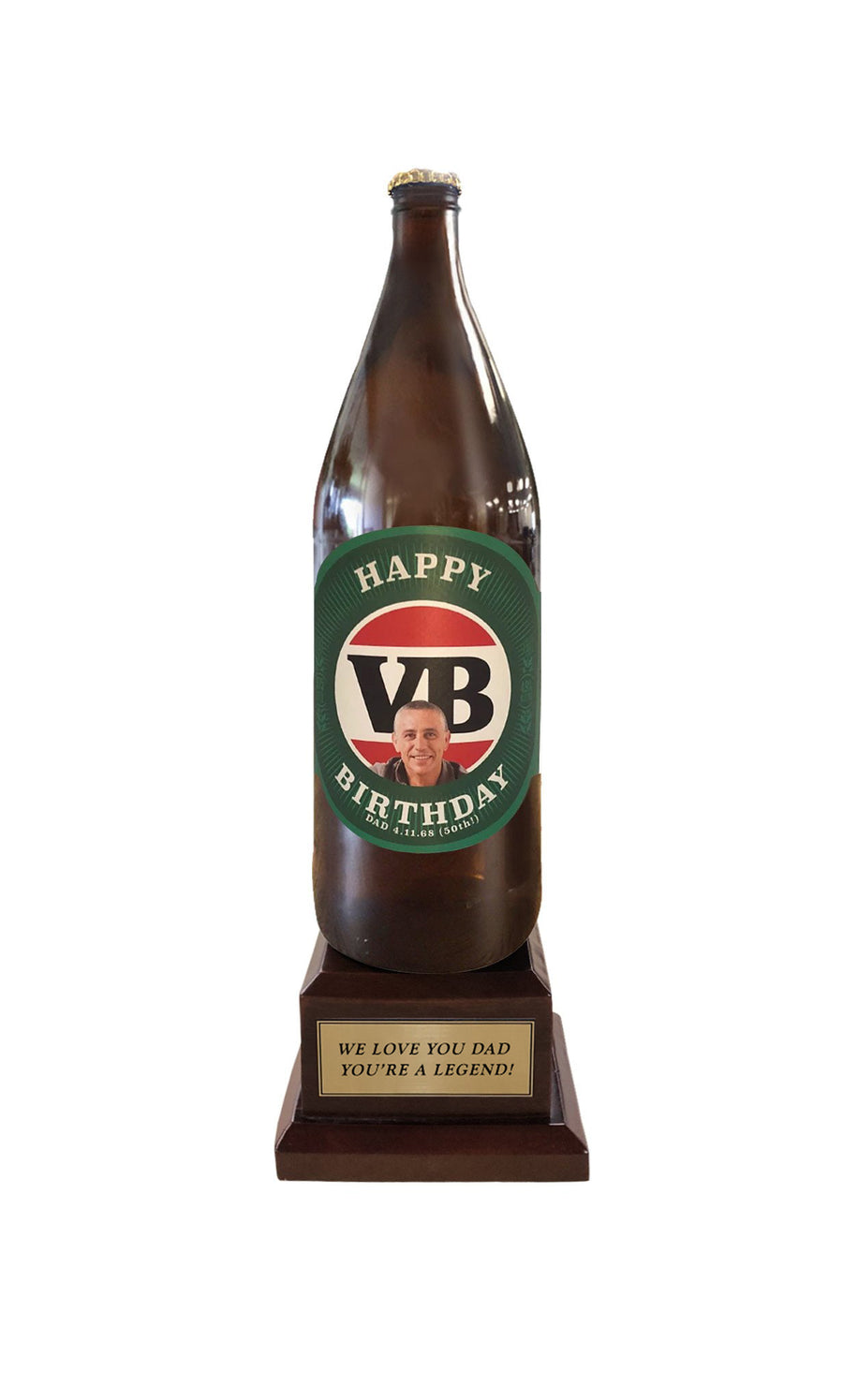 VICTORIA BITTER Long Neck Bottle on Pedestal with PERSONALISED LABEL & PLAQUE (beer not included)