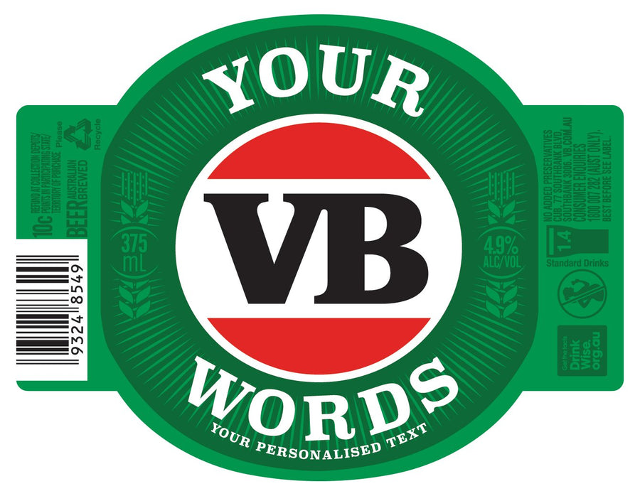 VICTORIA BITTER 6 x 375ml Stubby labels with PICTURE AND/OR TEXT (beer not included)