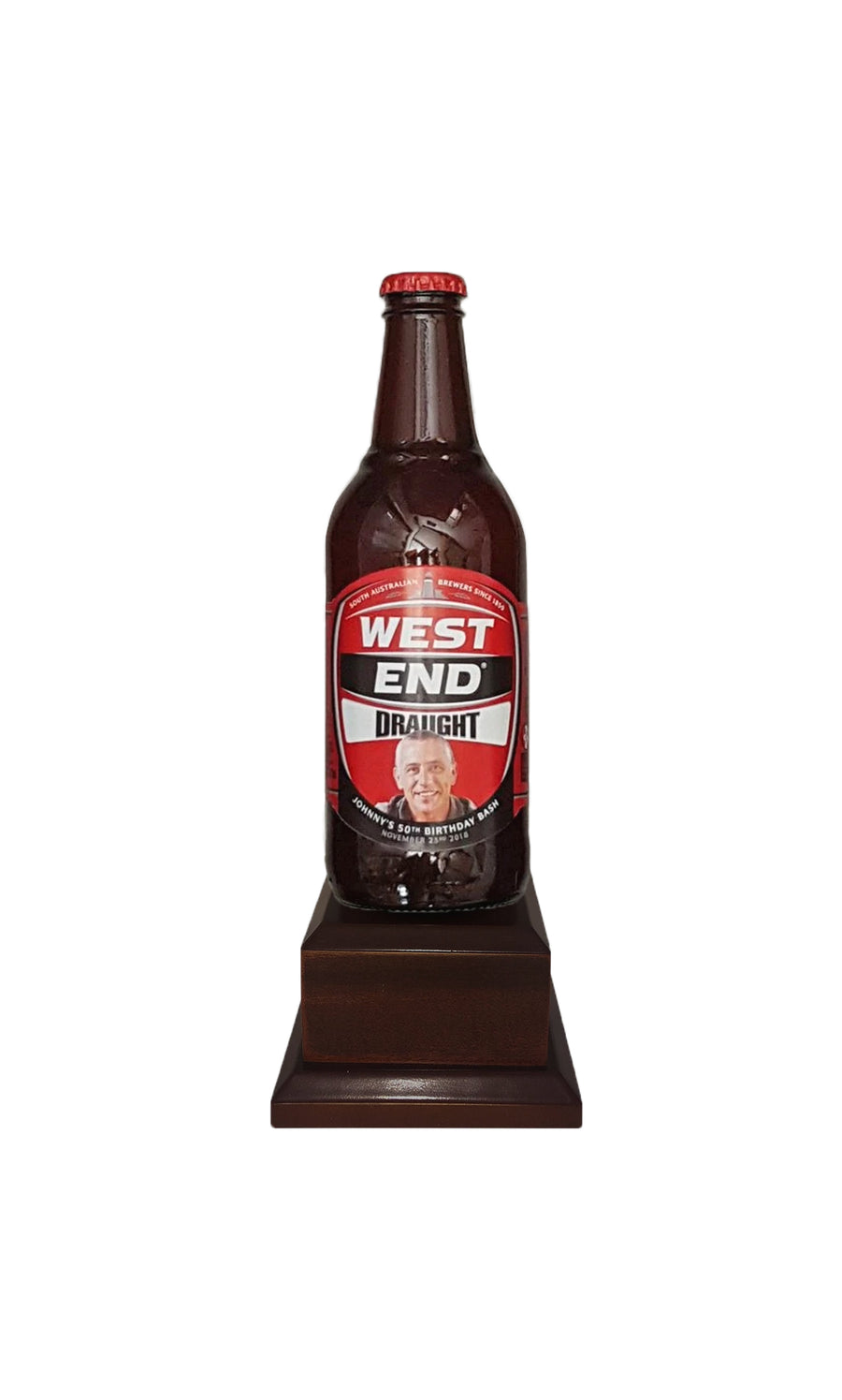 WEST END DRAUGHT Bottle on Pedestal with PERSONALISED LABEL (beer not included)