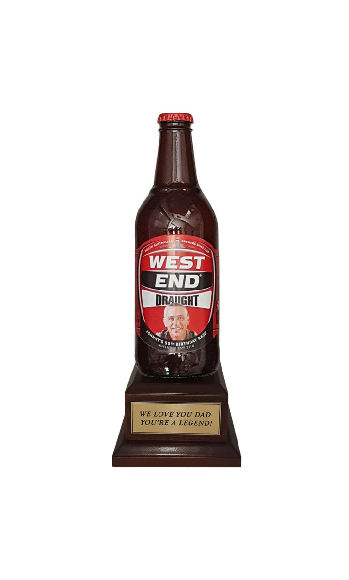 WEST END DRAUGHT Bottle on Pedestal with PERSONALISED LABEL & PLAQUE (beer not included)