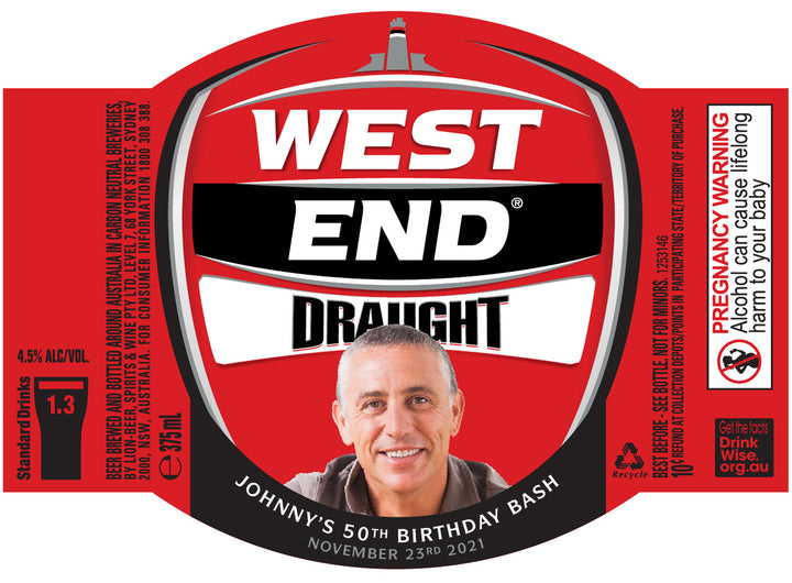WEST END DRAUGHT 24 x 375ml Stubby labels with PICTURE AND/OR TEXT (beer not included)