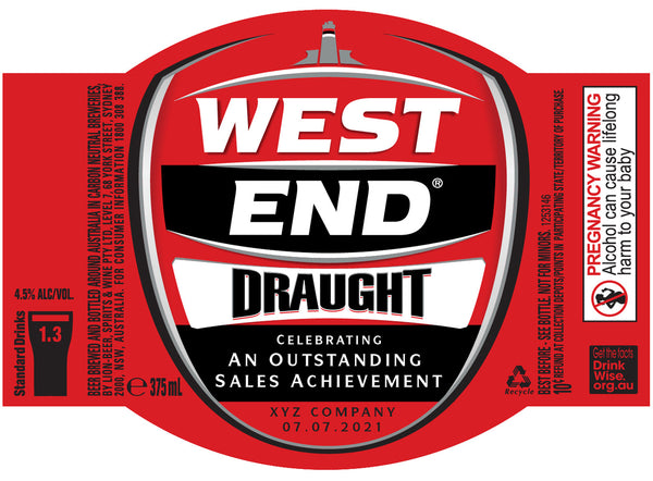 WEST END DRAUGHT 6 x 375ml Stubby labels with PICTURE AND/OR TEXT (beer not included)