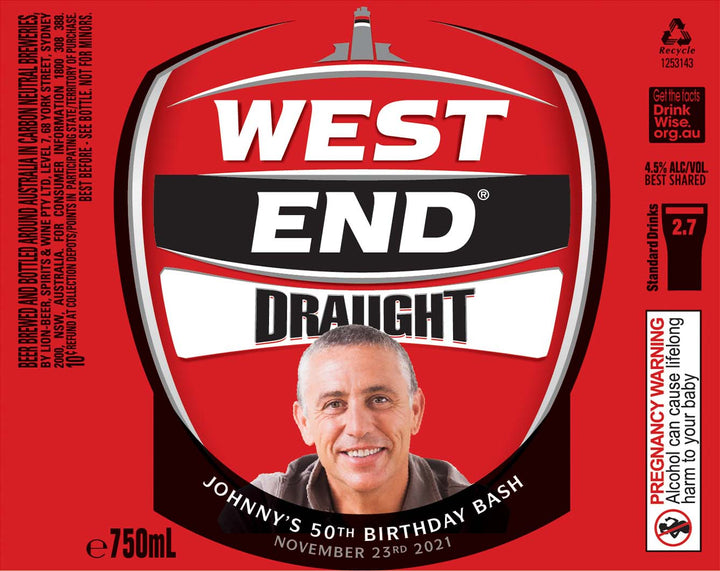 WEST END DRAUGHT 6 x 750ml Longneck labels with PICTURE AND/OR TEXT (beer not included)