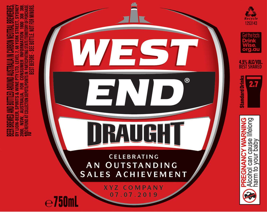 WEST END DRAUGHT 6 x 750ml Longneck labels with PICTURE AND/OR TEXT (beer not included)