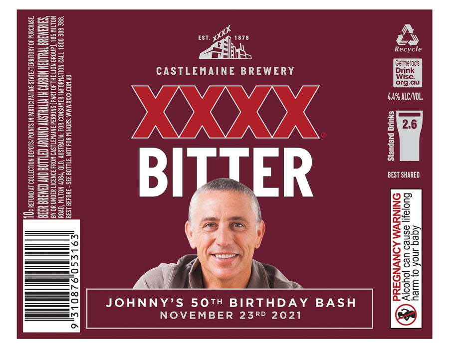 XXXX BITTER 6 x 750ml Longneck labels with PICTURE AND/OR TEXT (beer not included)