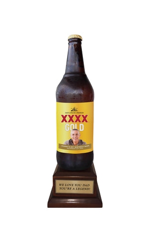 XXXX GOLD Long Neck Bottle on Pedestal with PERSONALISED LABEL & PLAQUE (beer not included)