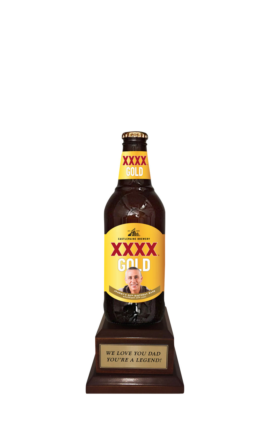 XXXX GOLD Bottle on Pedestal with PERSONALISED LABEL & PLAQUE (beer not included)